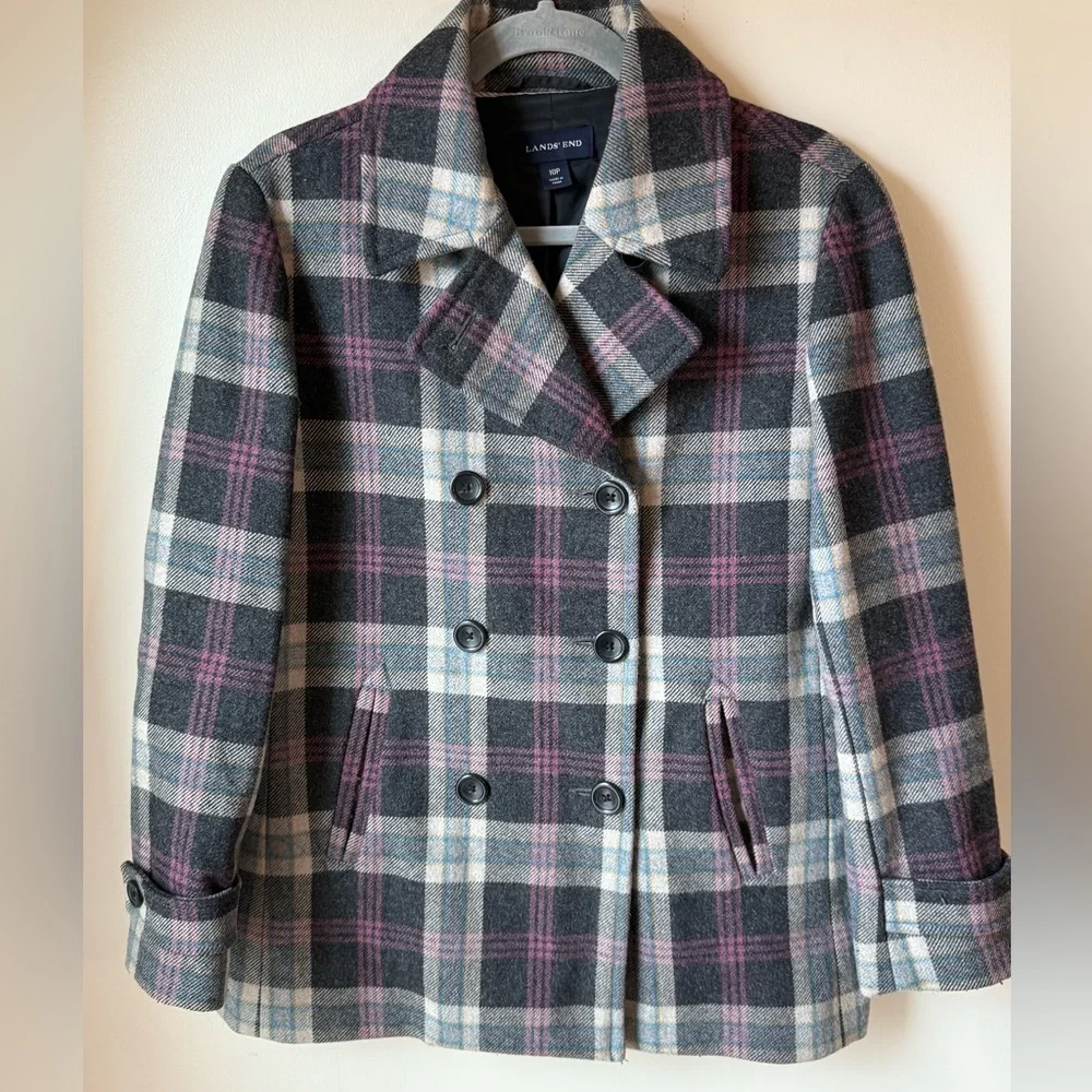 Lands' End Women's Plaid Wool-Blend Peacoat - Gray & Purple, Sz 10 P - Picture 2 of 10